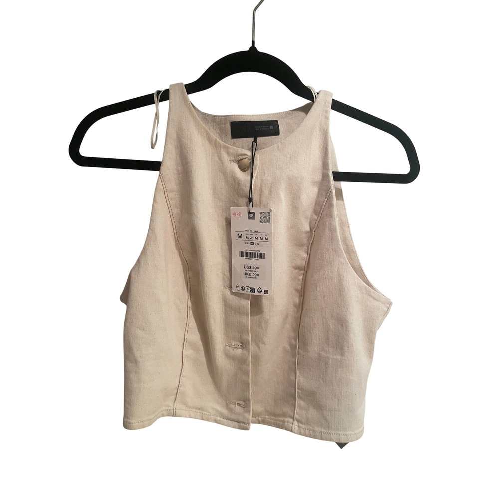 Zara Women Ecru Linen Blend Halter Crop Top Button Front Vest Tan Cream Medium